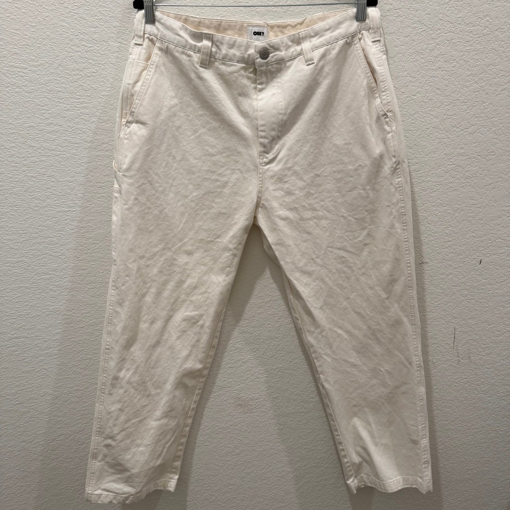 Obey Mens Carpenter Pants Off White Cream Cotton Canvas Workwear Size 34
